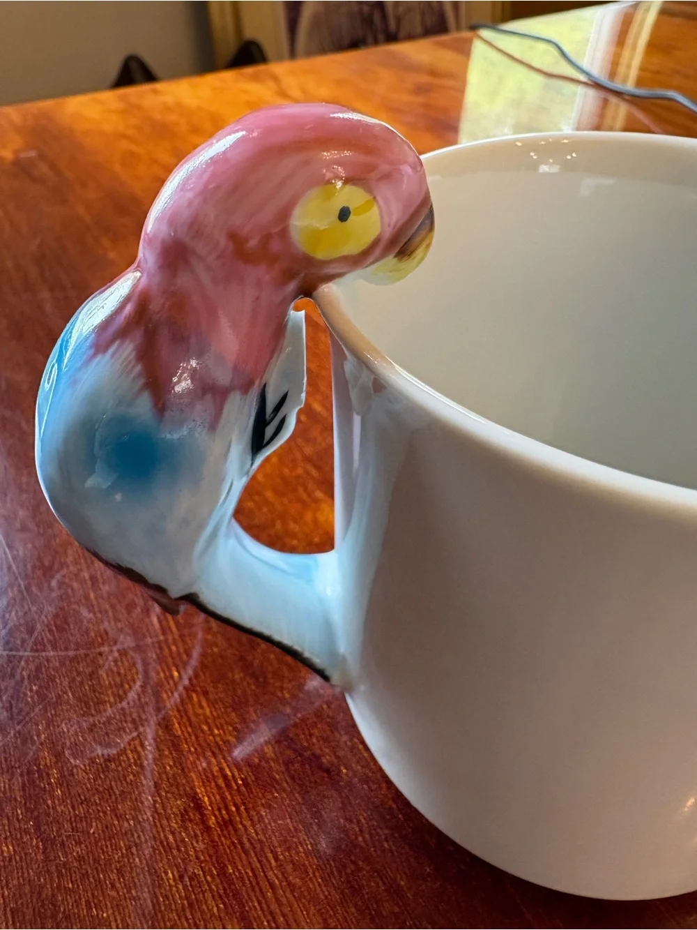 Vintage Pier 1 White Ceramic Mug with Pink Parrot Handle